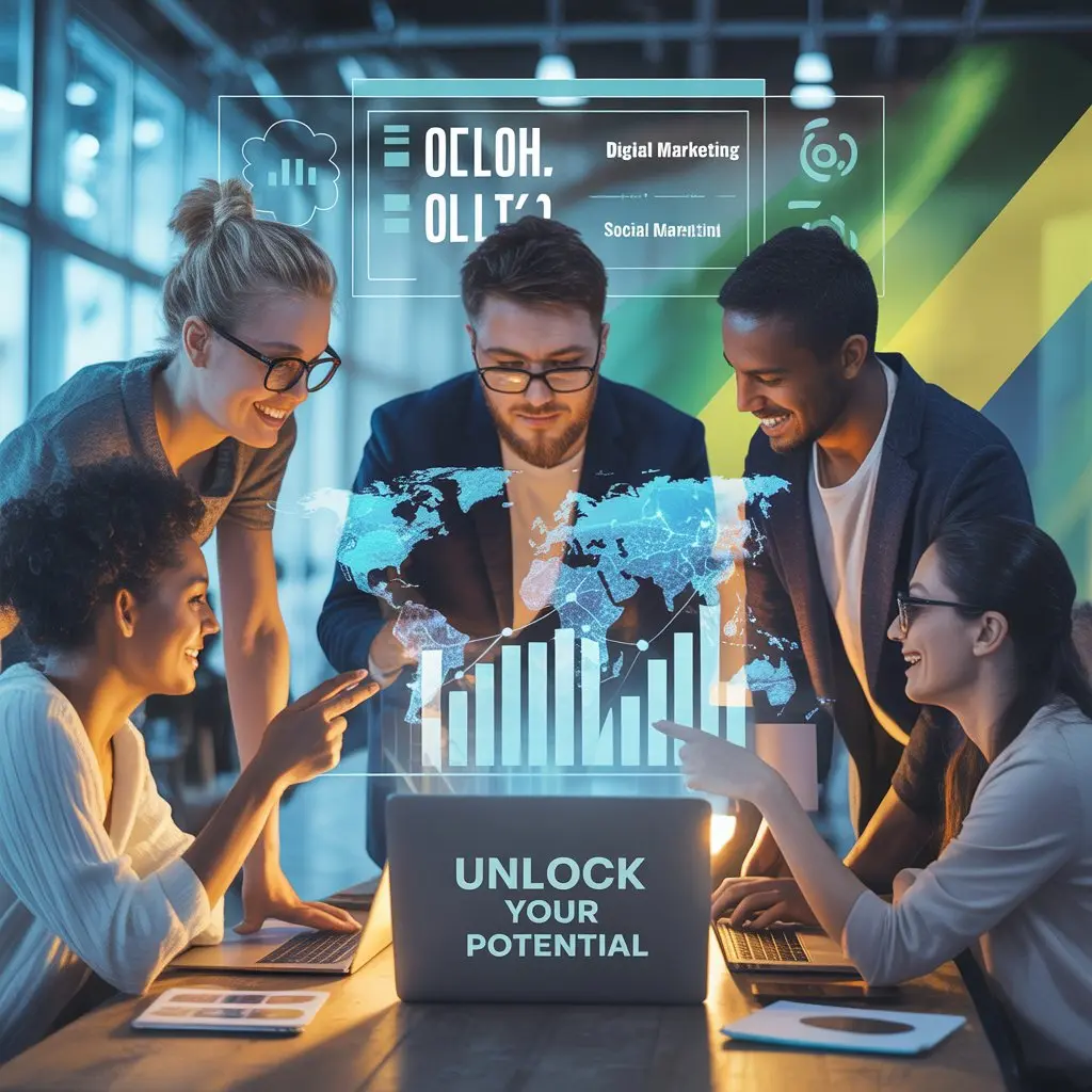 A diverse team of professionals collaborating around a laptop displaying the text 'Unlock Your Potential,' with futuristic digital marketing graphics, a global map, and growth charts, showcasing expertise from the best digital marketing freelancer in Muscat.