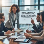 A diverse team of professionals in a meeting room discussing strategies, with a whiteboard displaying the words 'Strategic Delegation, led by the best digital marketing freelancer in Muscat.