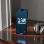 A modern smartphone on a wooden desk displaying the words 'Clear Communications,' symbolizing effective messaging and strategy, presented by the Best digital marketing freelancer in Muscat.*