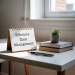 A minimalist desk setup with a flip calendar displaying the words 'Effective Time Management,' alongside books, a pen, and a small potted plant, presented by the best digital marketing freelancer in Muscat.
