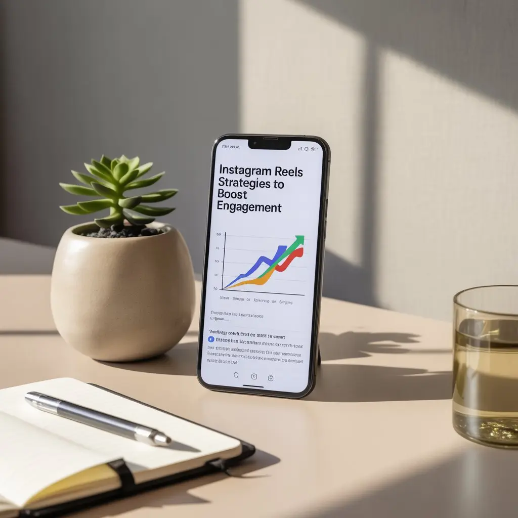 A smartphone displaying an article titled 'Instagram Reels Strategies to Boost Engagement' with a colorful growth chart, placed on a desk beside a succulent plant, notebook, and glass of juice, representing expert insights from the Best Digital Marketing Strategist Kannur." A smartphone displaying an article titled 'Instagram Reels Strategies to Boost Engagement' with a colorful growth chart, placed on a desk beside a succulent plant, notebook, and glass of juice, representing expert insights from the Best digital marketing freelancer in Muscat.