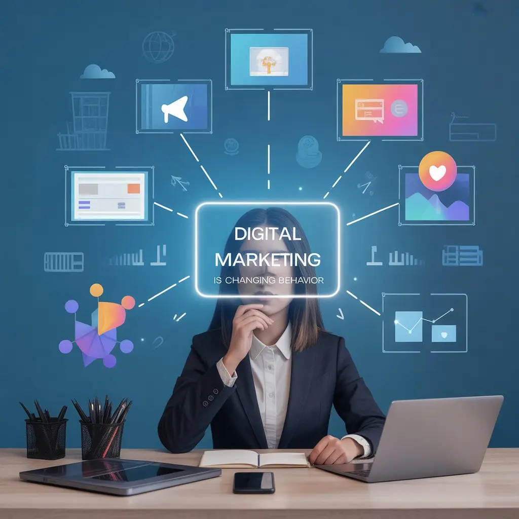 A businesswoman sitting at a desk with digital marketing icons and analytics graphics surrounding her, featuring the text 'Digital Marketing is Changing Behavior,' representing innovative strategies by the best digital marketing freelancer in Muscat.