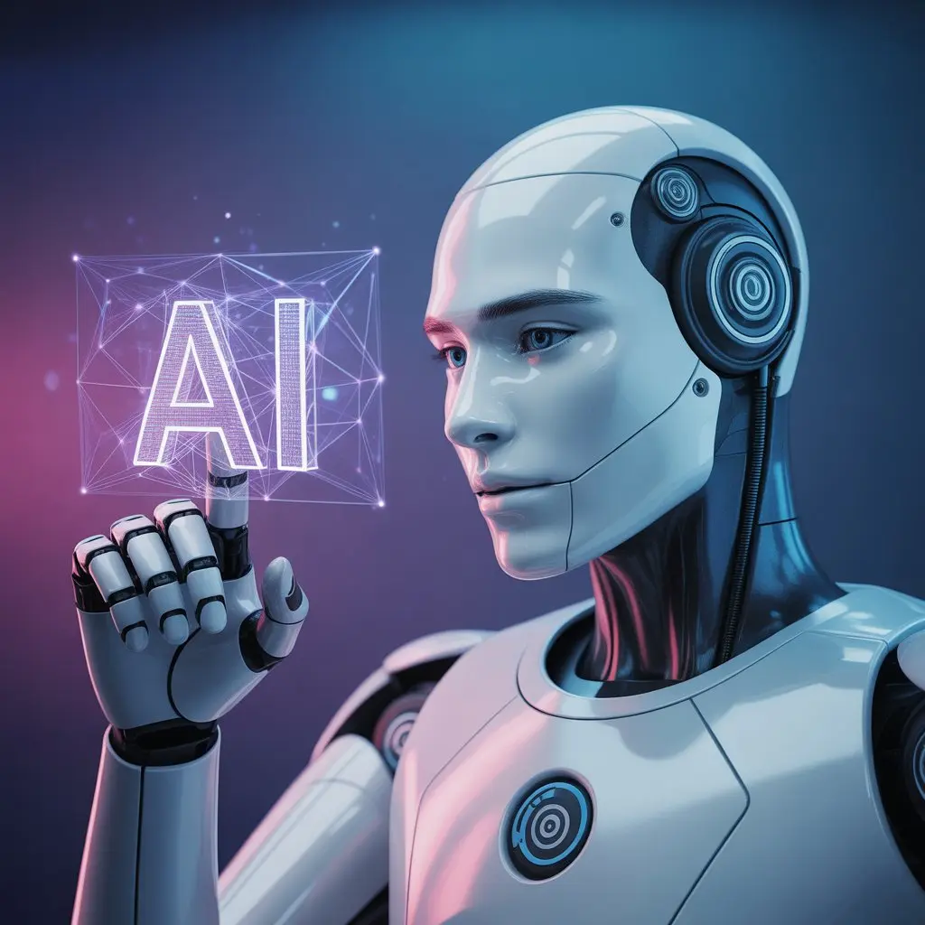 A futuristic humanoid robot interacting with a glowing digital AI interface, symbolizing cutting-edge technology and innovation. Represents the expertise of the best digital marketing freelancer in Muscat in harnessing AI for digital growth.